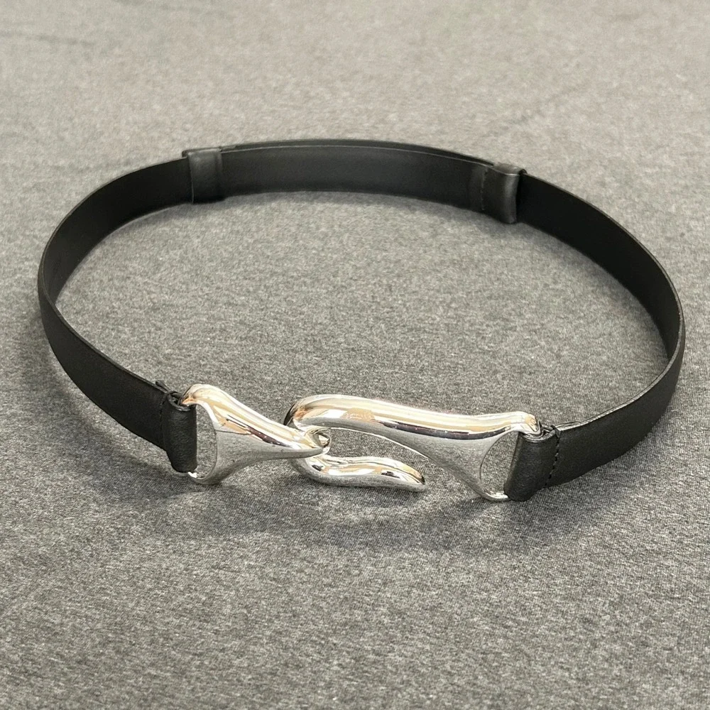 Chico's Belt Women M/L Black Genuine Leather Silver Hook Minimalist Adjustable